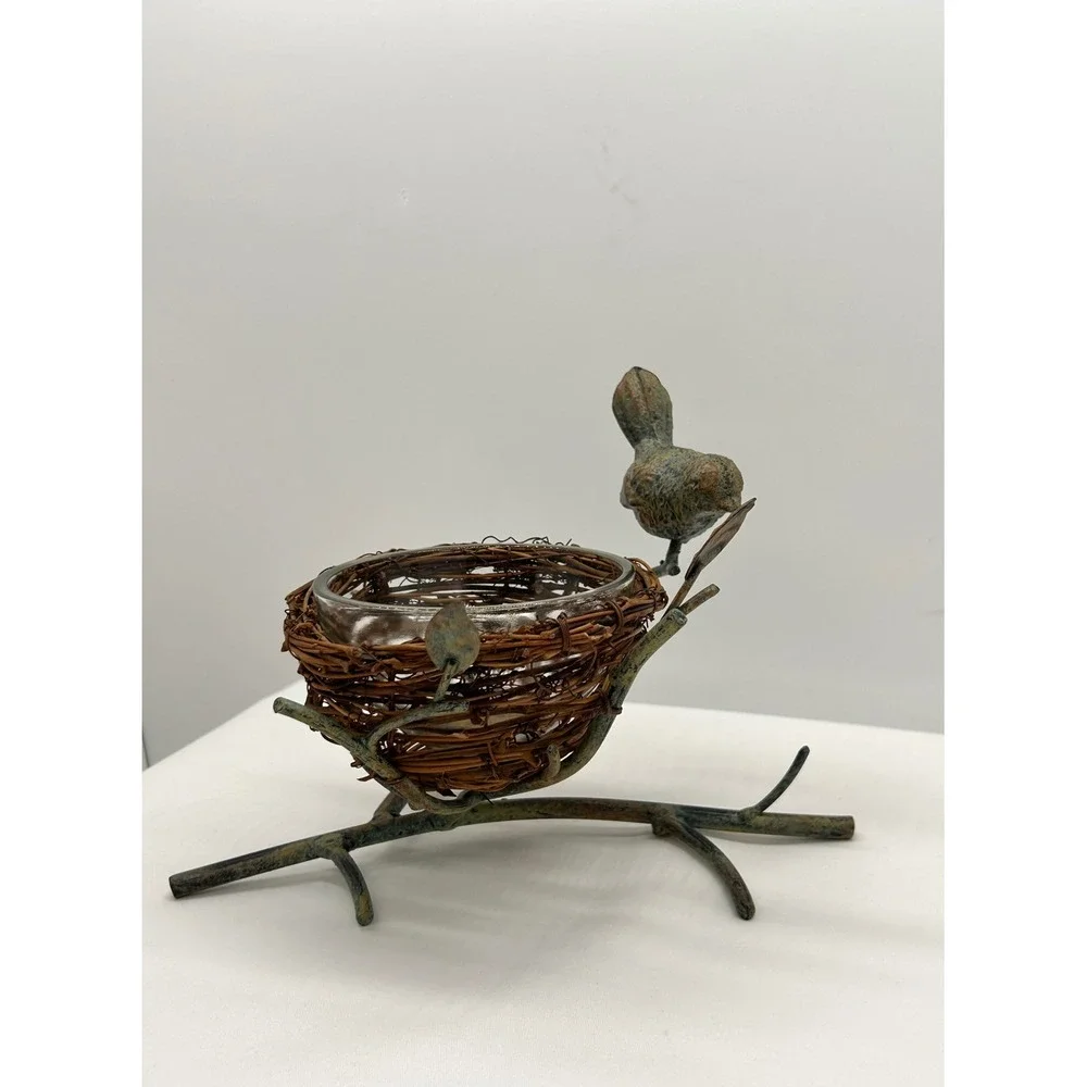 Rustic Bird Nest Tea Light Candle Holder Verdigris Metal Branch Votive Decor